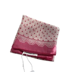 Pink cotton square scarf with polka dots, bow patterns and delicate white lace print