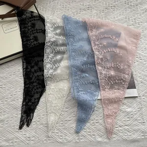 Set of four floral lace triangle headscarves in white, black, blue, and pink colors