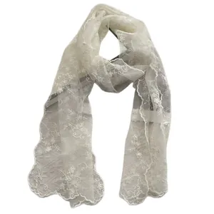Elegant cream lace scarf with floral embroidery and classic scalloped edges