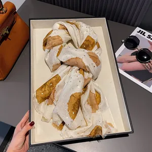 Women's Cotton Blend Scarf With Gold Foil Polka Dot Print Lightweight Sun Protection Shawl Fringe Elegant Commuting Wrap