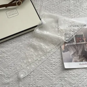 White floral lace triangle headscarf with delicate embroidery and pearl beads