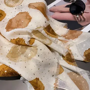 Beige cotton linen scarf with caramel polka dots and gold foil details for women