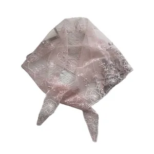 Pink lace triangle headscarf with floral embroidery and delicate pearl embellishments
