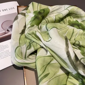 Light green daisy floral cotton linen scarf for women beach shawl and head wrap