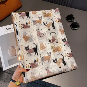 Cat print satin cotton scarf with colorful cartoon kitten patterns and fringe edges