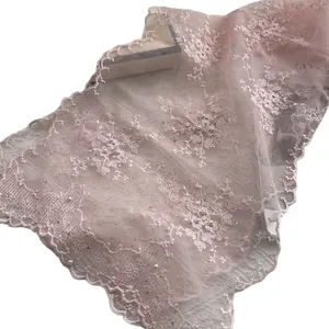 Elegant pale pink lace scarf with floral embroidery, white pearls and sparkling rhinestones