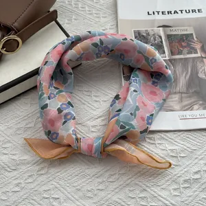 Floral linen cotton square scarf with pink and blue pastoral prints for women
