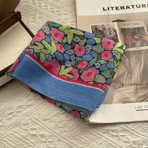 Floral cotton linen neck scarf with vintage print and contrast blue border