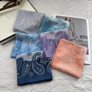 58cm paisley cotton linen square scarves in various colors laid flat for styling options