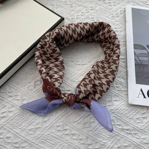 Classic houndstooth cotton linen square scarf in brown and beige with light purple border