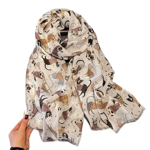 Cream long scarf with cartoon cat prints and fine tassel edges for sun protection