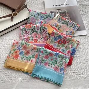 Carré de Soie Femme Motif Floral Mélange Coton Style Français Foulard Léger Accessoire de Cheveux Élégant Cadeau
