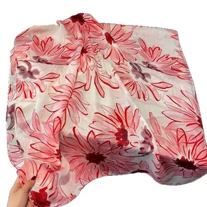 Green daisy cotton linen scarf with floral print for beach travel and hair wrapping