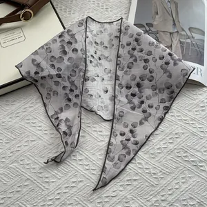 Breathable 100% pure linen triangular scarf with elegant leaf print for women