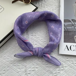 French style floral purple silk scarf tied in a knot for hair or neck accessory decoration