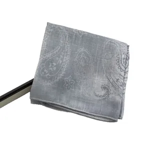 Grey paisley cotton linen square scarf showing fabric texture and edge stitching