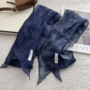 Linen long scarf set with vintage floral jacquard and marble dye print in navy blue