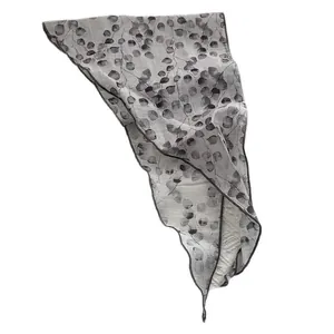 Breathable 100% linen triangle scarf with grey eucalyptus leaf print on white background