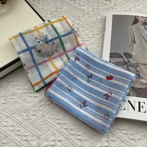 Foulard a riccio verde carino e fazzoletto a righe blu con coniglio in cotone
