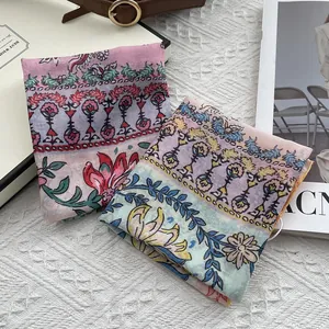 Elegant floral print cotton linen square scarf for women in pink and blue patterns