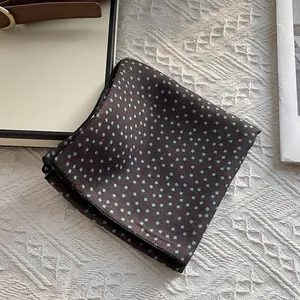 Retro forest green and coffee brown square silk scarf with geometric dot patterns