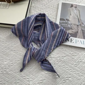 Japanese style striped cotton scarf in blue and pink, elegant lightweight neckerchief