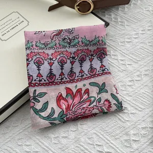 Elegant floral print cotton linen square scarf with vintage rose patterns for women