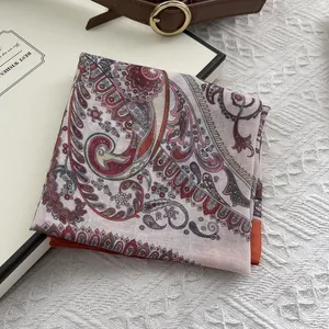 Breathable cotton linen square scarf with vintage paisley pattern in retro tones