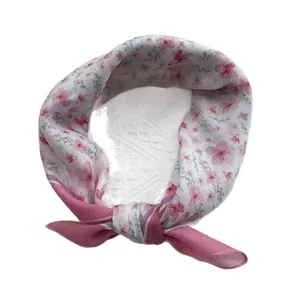 French camellia floral silk scarf tied in a knot for women hair or neck accessory