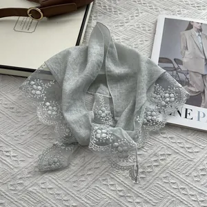 French Vintage 100% Linen Lace Triangle Scarf For Women Floral Embroidery Elegant Headscarf Sweet Scarf For Daily Travel