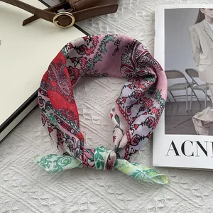 Floral paisley print cotton linen small square neck scarf with silk texture and fringes