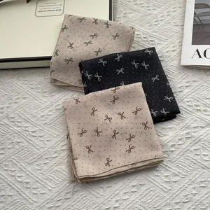 Three-piece set of polka dot and bow knot cotton linen square scarves in black, pink, and brown