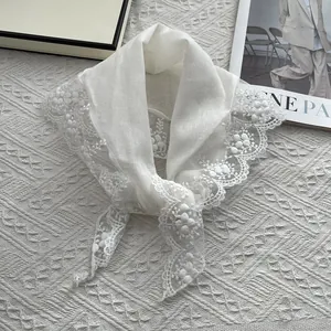 Elegant white lace floral triangle scarf shawl with delicate embroidery for women