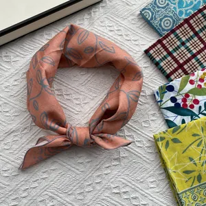 Breathable cotton linen floral square scarf set with abstract leaf patterns for women