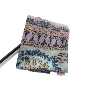 Floral cotton linen square scarf with ethnic patterns in purple, blue and yellow