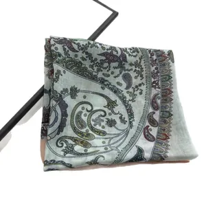 Breathable cotton linen paisley scarf in mint green with floral patterns and borders