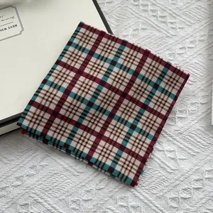 Classic British style plaid cotton square scarf with retro wine red and teal patterns