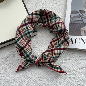 Versatile floral plaid cotton linen neck scarf with red and teal tartan patterns