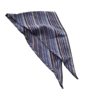 Japanese style striped cotton scarf in blue and brown, shown in a folded triangle layout