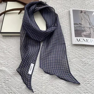 Linen checkered skinny scarf in dark blue and beige with vintage aesthetic