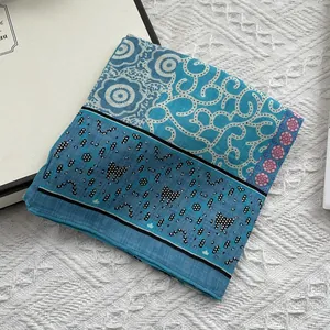 Floral print cotton linen square scarf for women in blue with elegant paisley patterns