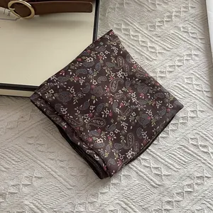 Retro dark brown paisley silk scarf with vintage floral patterns and smooth satin finish