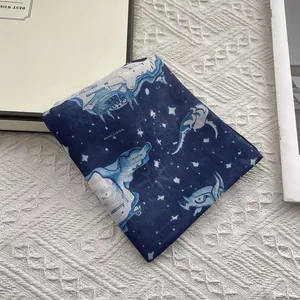 Starry sky pattern navy cotton linen square scarf on a delicate white lace background
