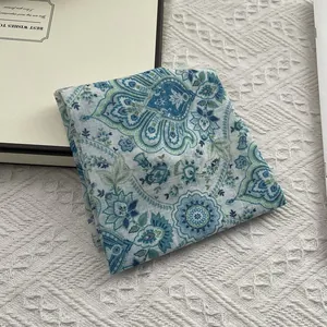 Elegant cotton linen square scarf with blue paisley floral pattern on lace background