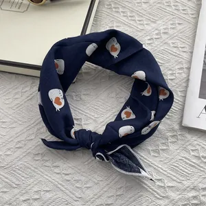 Japanese style navy cotton neck scarf with white cat and orange heart print pattern