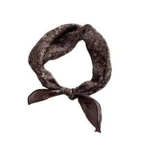 Retro paisley pattern silk scarf in dark coffee brown with elegant floral print for hair