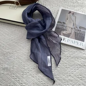 Japanese ramie striped long scarf in deep blue with linen texture and elegant gift box