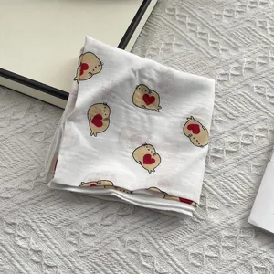 Japanese style pure cotton square scarf with cute cartoon seals and red heart patterns