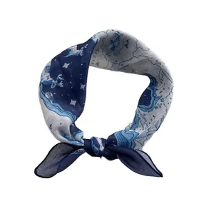 Vintage map printed silk square scarf in navy and cream white with knotted styling