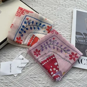 Floral print cotton linen small square scarf for women used as headwrap or hair tie